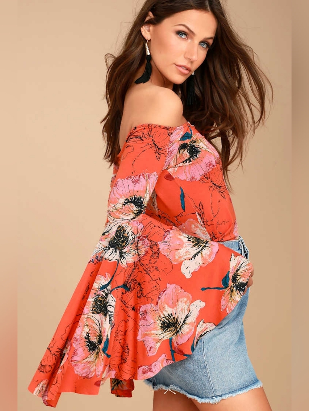 Free People Birds of Paradise Coral Orange Floral Print Top - Picture 1 of 11